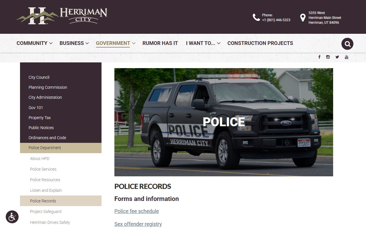 Herriman Police Records page for 72 hour booking document requests