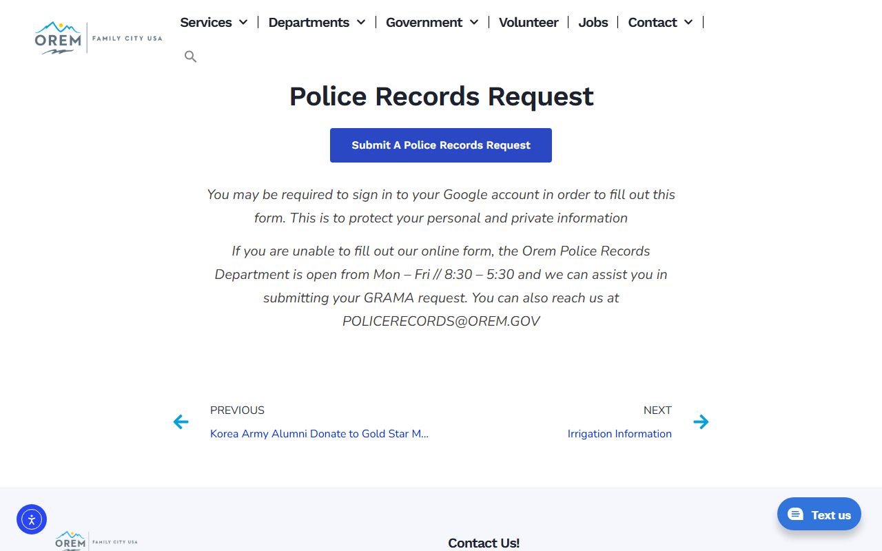 Orem Police records request page for 72 hour booking documents