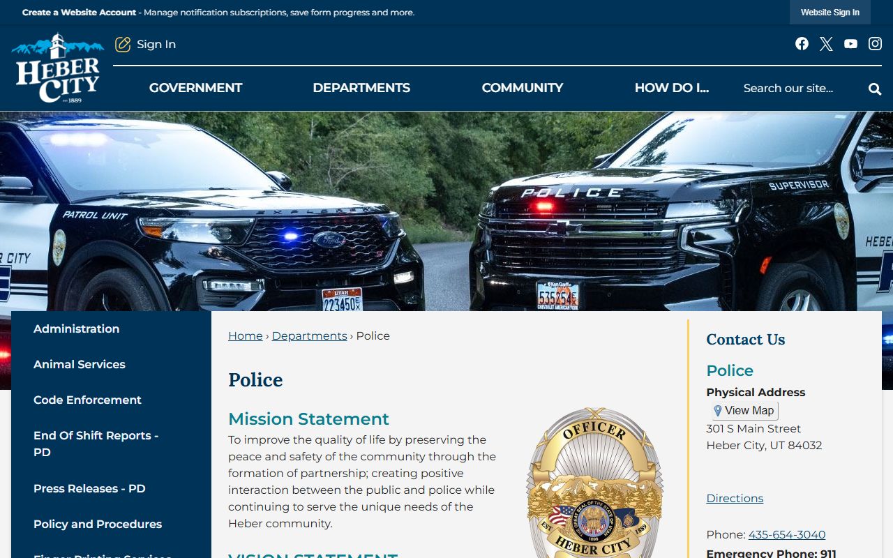Heber City Police Department website related to Wasatch County 72 hour booking